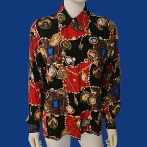 JERRI SHERMAN 1980s Silk Colorful Patchwork Baroque Holiday Button Down Shirt